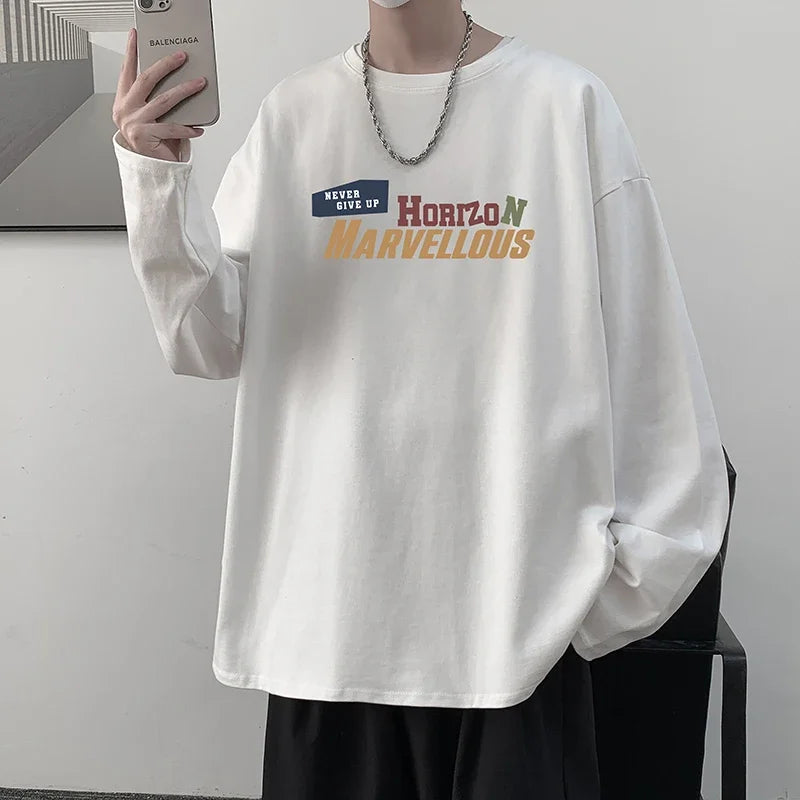 HEARUJOY  -  Men's Cotton Plain T-shirts White Full Sleeves Fashion Mens Oversized T Shirt 5XL Casual Wear Letter Print Tee Shirts for Men