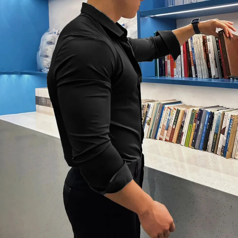 Hearujoy Mens Shaping Slim Casual Long Sleeve Shirt 2024 New Genderless Fashion Trend Tight British Solid Color Versatile Shirt Unisex