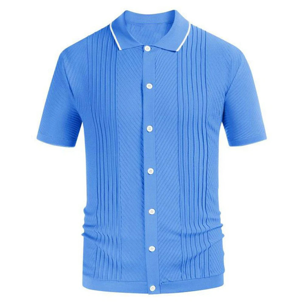 HEARUJOY  -  Men's Luxury Clothing Knit Short Sleeve Polo Shirt Casual Streetwear Lapel Button Down Cardigan Breathable Tops Summer Knitwear