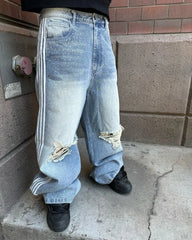 Hearujoy Y2k high-waisted ripped jeans Women street vintage striped wide-leg pants Personality fashion design diamond decorated pants