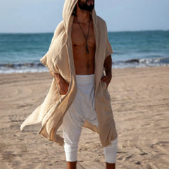 HEARUJOY  -  Summer Mens Solid Color Hooded Sun Protection Beach Clothes Fashionable Travel Holiday Style All-match Casual Cape Clothes