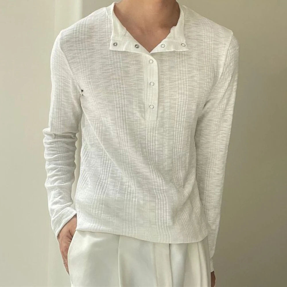 HEARUJOY  -  American Street Fashion Simple Slim Fit Solid Color Knitted Long-Sleeved Shirt Mens Design Lazy Casual Slim Fit Bottoming Shirt