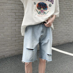 Hearujoy summer new men's light blue denim shorts simple solid color ripped pants loose casual pants S-2XL