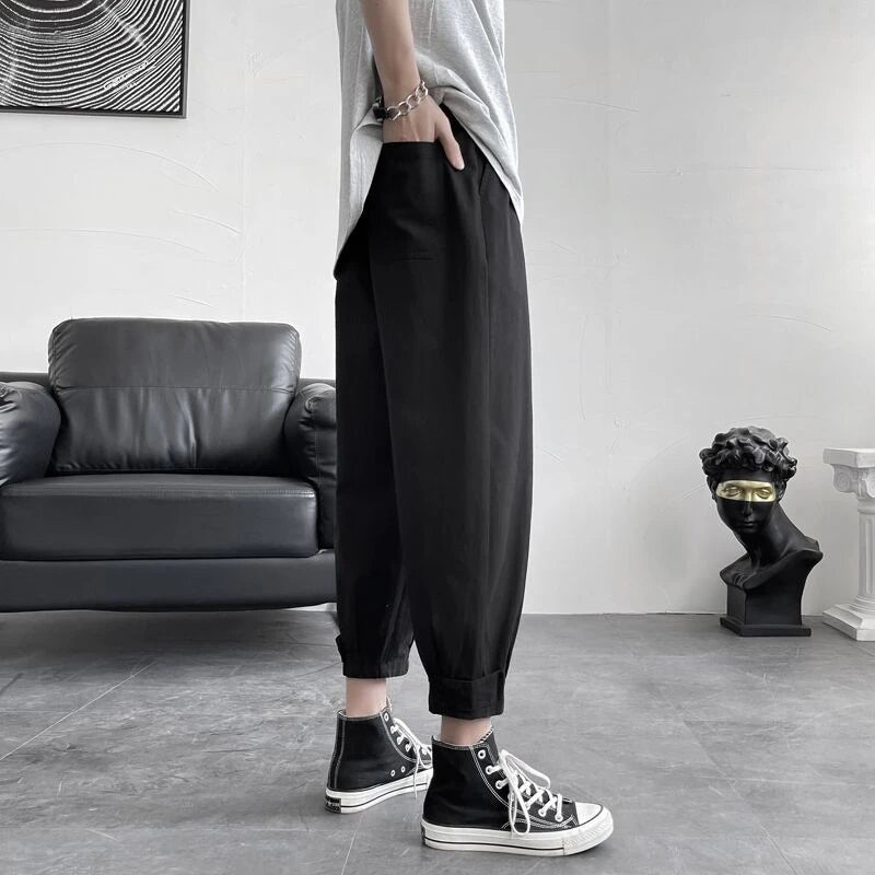 HEARUJOY  -  Summer Loose Solid Color Thin Men's Casual Harem Pants Harajuku Fashion Aesthetic Korean Style Designer Male Cropped Trousers
