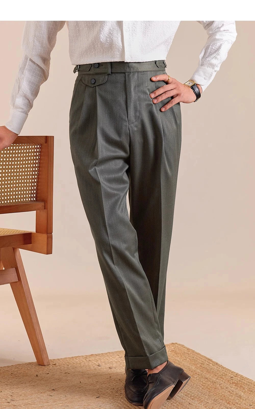 HEARUJOY  -  Italian Style Imitation Linen Naples Trousers Men's Double Pleated Gentleman Casual Business Men's Suit Pants Mens Formal Pants