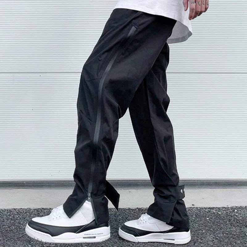 Hearujoy High Street Zipper Pockets Quick Dry Vibe Style Mens Track Pants Elastic Waist Straight Retro Black Casual Trousers