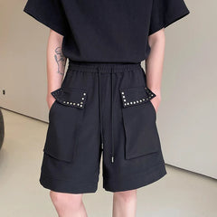 Hearujoy Elastic Waist Wide Leg Shorts Summer New Loose Male Straight Leg Pants Solid Color Pocket Lace-up Casual Trend 9C5354