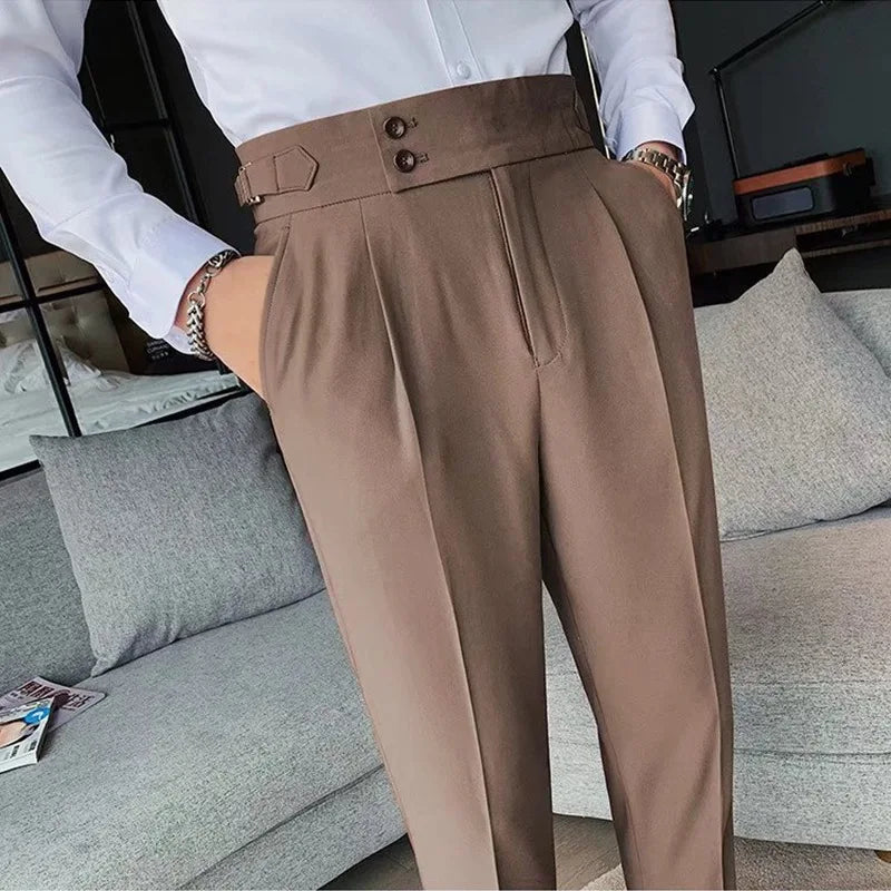 HEARUJOY  -  Men Korean Cropped Pants Fashion Casual Naples Trousers Slim Fit Pencil Suit Pants High Waist Button Business Straight Trousers