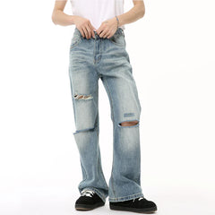 Hearujoy American Style Men's Denim Pants Casual Worn-out Hole Wide Leg Menwear Straight Solid Color Male Bottom Chic 9C6608