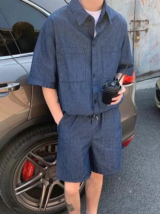 HEARUJOY  -  Japanese Man Sets Work Clothes Loose Cool Two-piece Set New in Matching Elastic Baggy Korean Stylish Shirts Shorts Suits for Men