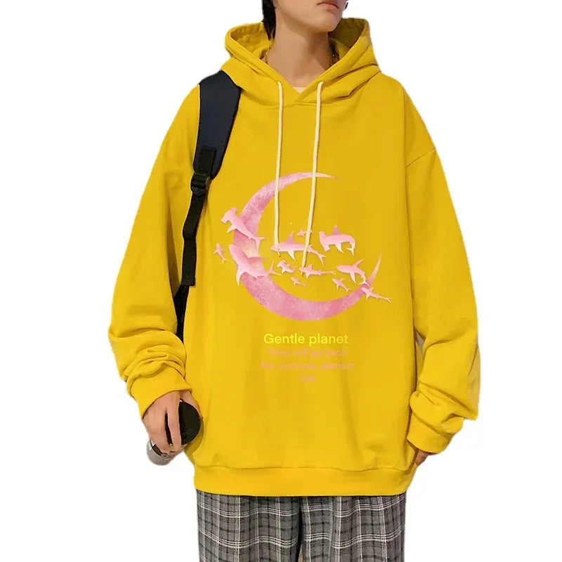 HEARUJOY  -  Funny Men's Oversized Hoodie Off White Hoodies with Hat Oversize for Men Moon Print 5XL Man Casual Wear Hoody Male Sweatshirt