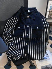 Hearujoy Premium Splicing Black White Striped Denim Jacket for Men's Wear Spring Autumn 2024 Niche Street Bombing Washed Jacket Workwear