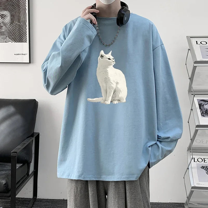 HEARUJOY  -  Men's Plain T-shirts Cotton Full Sleeves Fashion White Mens Oversized T Shirt Casual Wear Cat Walking Print Tee Shirts for Men