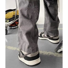 HEARUJOY  -  Washed Camouflage Work Pants American Retro Military Green Embroidered High Street Versatile Straight Casual Trousers