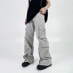 Hearujoy Cargo Pants Men Zipper Oversize Wide Leg Trousers Male Streetwear Hip Hop Casual Korean Japanese Pocket Safari Style