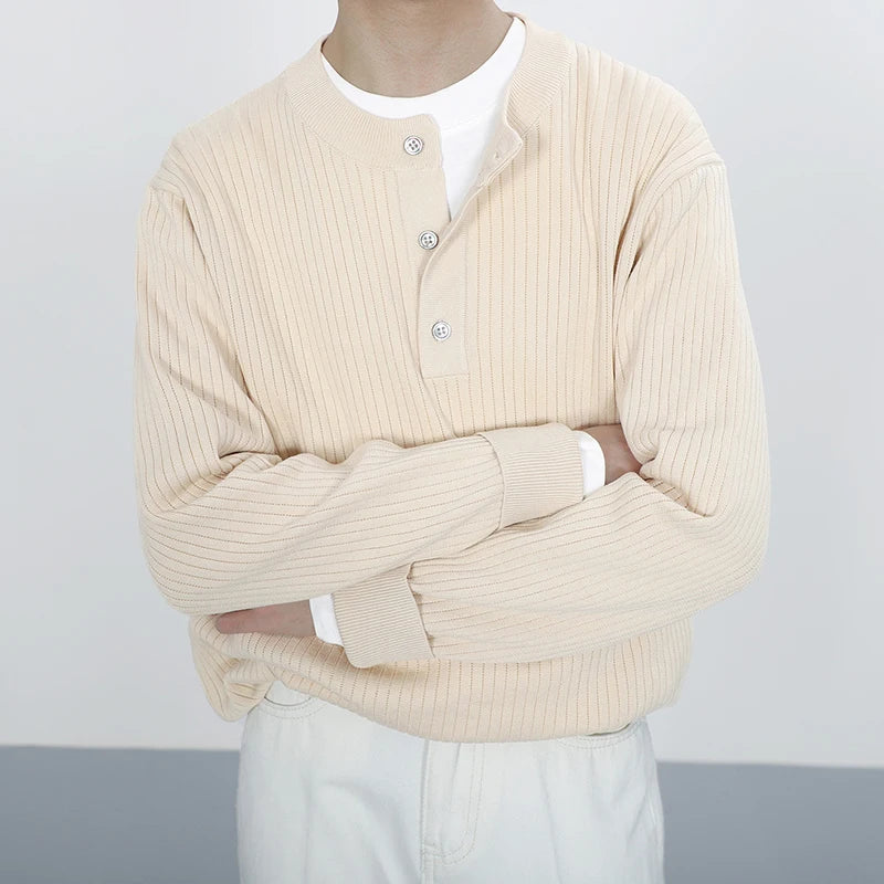 HEARUJOY  -  Stylish Men's Knitting Pullover Tops Autumn Daily Casual Long Sleeve O Neck Button Sweaters For Men Fashion Solid Color Sweater