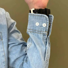 HEARUJOY  -  Lapel Collar Cotton Blend Denim Shirt Long Sleeve Shirt Retro Shirt British Versatile Casual Shirt Man Camisa Social Masculina