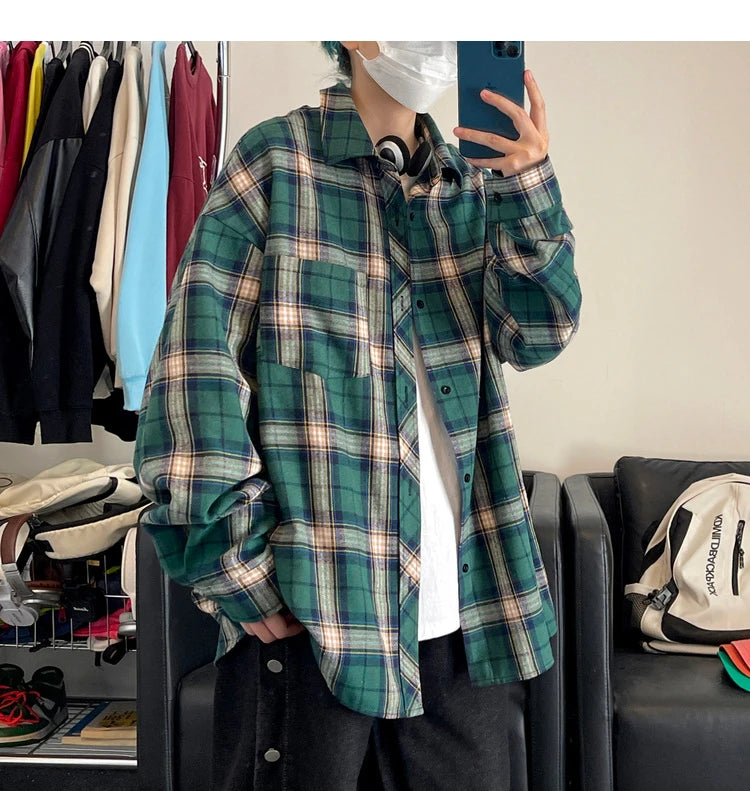 HEARUJOY  -  New in Spring Men's Shirts Classic Harajuku Long Sleeved Plaid Shirt Red Checkered Shirt Chemise Homme Cotton Male Check Shirts
