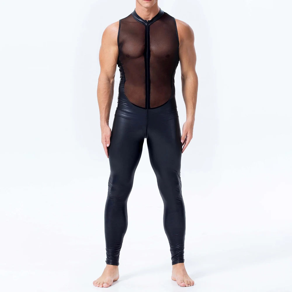 Hearujoy Mens Undershirts Mesh PU Leather See Through Vest Bodysuits Leotard Stage Dance Nightclub Long Pants LGBT Sexy Lingerie Jumpsuit