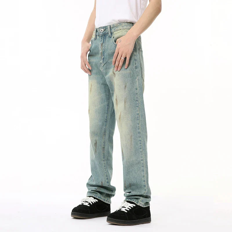 Hearujoy Male Denim Pants New American Worn-out Vintage Splash Ink Whiten Washed Straight Leg Jeans Summer Trendy 9C6674