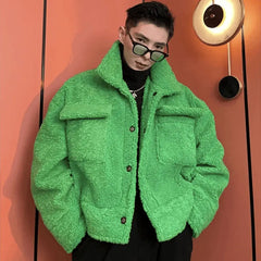 Hearujoy Green Padded Winter Men's Jacket Fleece Lamb Wool Thickened Short Coat Male Y2K Top Plush Warm Korean Streetwear Hip Hop