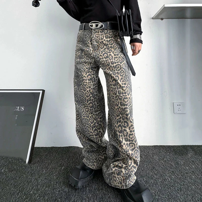 Hearujoy Leopard Print Men's Jeans Personality Men Denim Pants Niche Design Casual Male Trousers Spring Fashion 9C3998