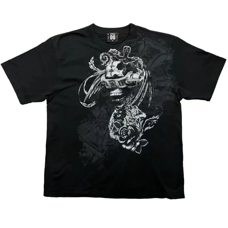 Hearujoy Y2k Harajuku Trend Hip Hop Oversized T-shirt Vintage Goth loose shirt Skull personality design printed short sleeve men clothing