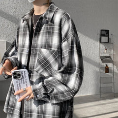 HEARUJOY  -  Black Long Sleeved Shirt Men Retro Plaid Shirt Men Japanese Streetwear Loose Casual Shirt Mens Vintage Shirts Large Size 5XL