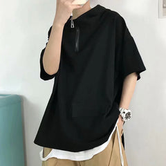 HEARUJOY  -  Pullover Men Tops Hoodie Loose Pocket Polyester Casual Harajuku Hip Hop Hooded Short Sleeve Solid Color Sweatshirt