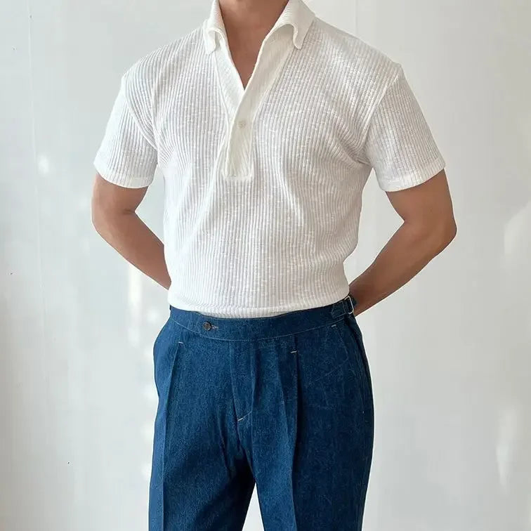 HEARUJOY  -  American Muscle Summer Fitness Suit Men's Elastic Breathable Sports Men's T-shirt Vertical Thread Slim Lapel Short Sleeves