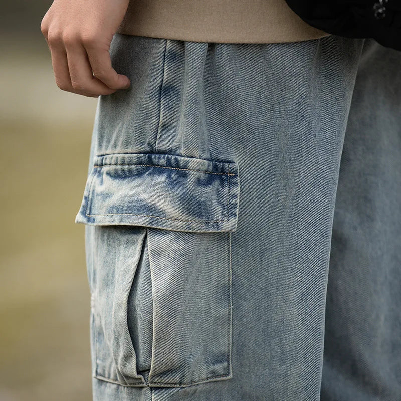 Hearujoy Cargo Jeans Pants Men Patchwork Oversize Wide Leg Denim Trousers Male Black Japanese Streetwear Hip Hop Safari Style