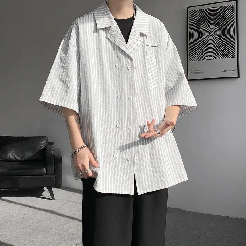 HEARUJOY  -  Summer White Short Sleeved Shirt Men Society Mens Dress Shirt Korean Loose Casual Blue Stripe Shirt Mens Office Formal Shirts