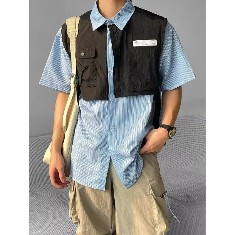 HEARUJOY  -  Fake Two Pieces Summer New Men's Turn-down Collar Button Spliced Pockets Striped Letter Shirt Short Sleeve Trendy Loose Tops