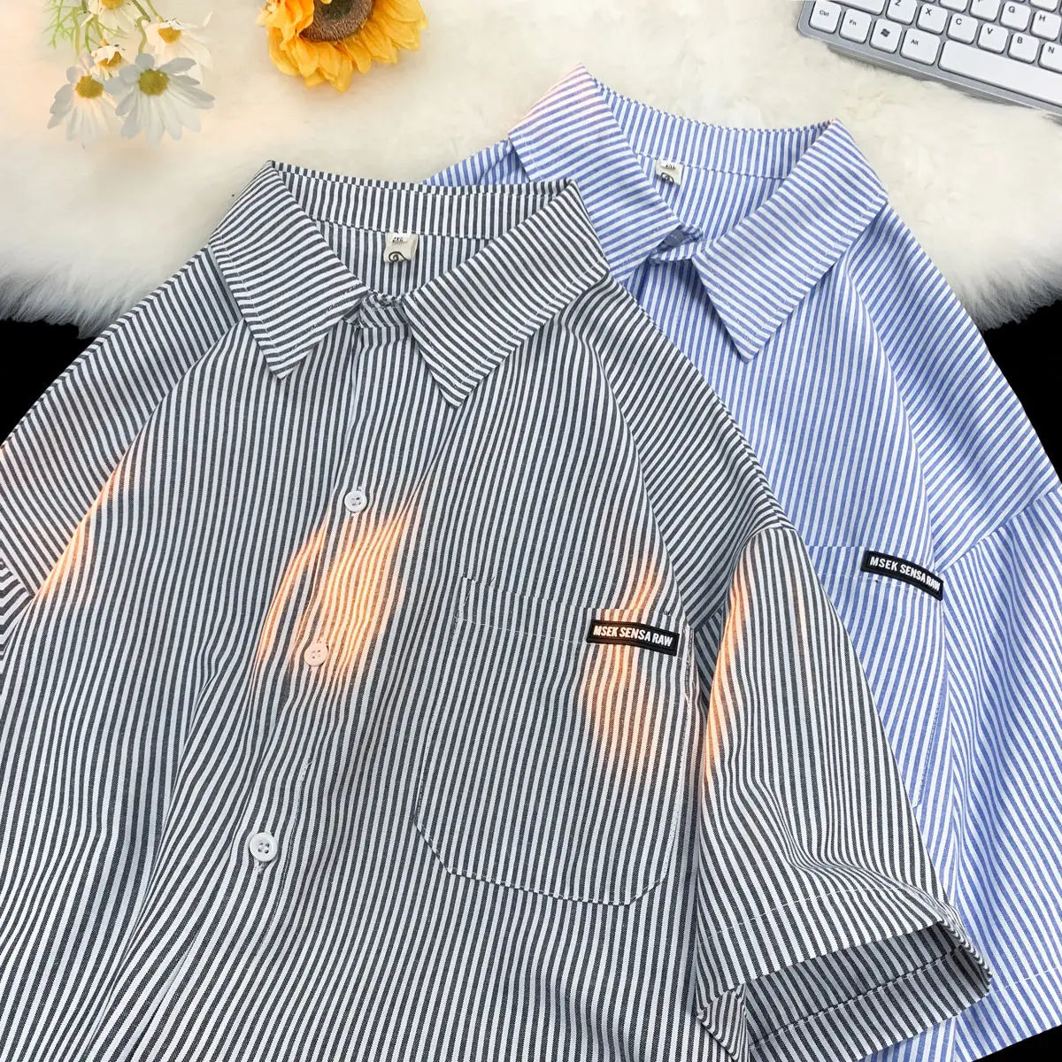 HEARUJOY  -  Japanese Striped Fashionable Short-sleeved Shirt Men Summer Thin Fashion Loose and Versatile Student Casual Shirt Aesthetic