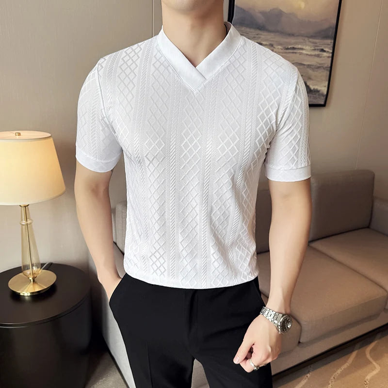 HEARUJOY  -  Men's Slim V-Neck Spring Summer Stretch Knit Top  Geometric Texture, Breathable Layering Base for Casual & Smart-Casual Outfits