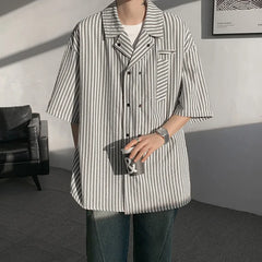 HEARUJOY  -  Summer White Short Sleeved Shirt Men Society Mens Dress Shirt Korean Loose Casual Blue Stripe Shirt Mens Office Formal Shirts