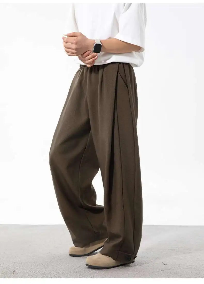 HEARUJOY  -  Korean Style Men's Suit Pants Solid Color Pleated Design Botton Drawstring Simple Elastic Waist Summer Male Trousers