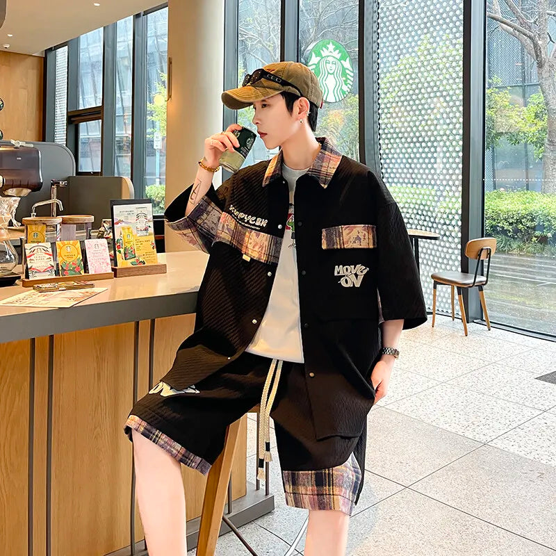 HEARUJOY  -  Summer Men's Casual Set Single Breasted Short Sleeve Shirt Shorts 2 Piece sets Loose Fashion High Quality Sweatshirt Suit