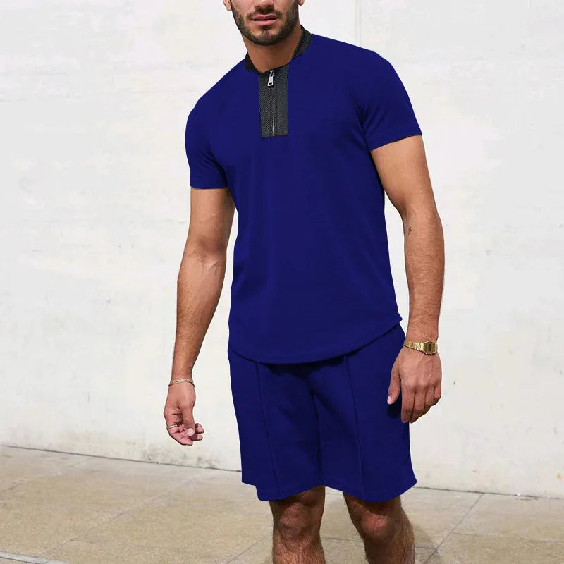 HEARUJOY  -  Men's Tracksuit 2 Piece Set Waffle V-neck Zipper Short Sleeve T Shirt And Shorts Summer Casual Fashion Sport Suit  Man Clothing