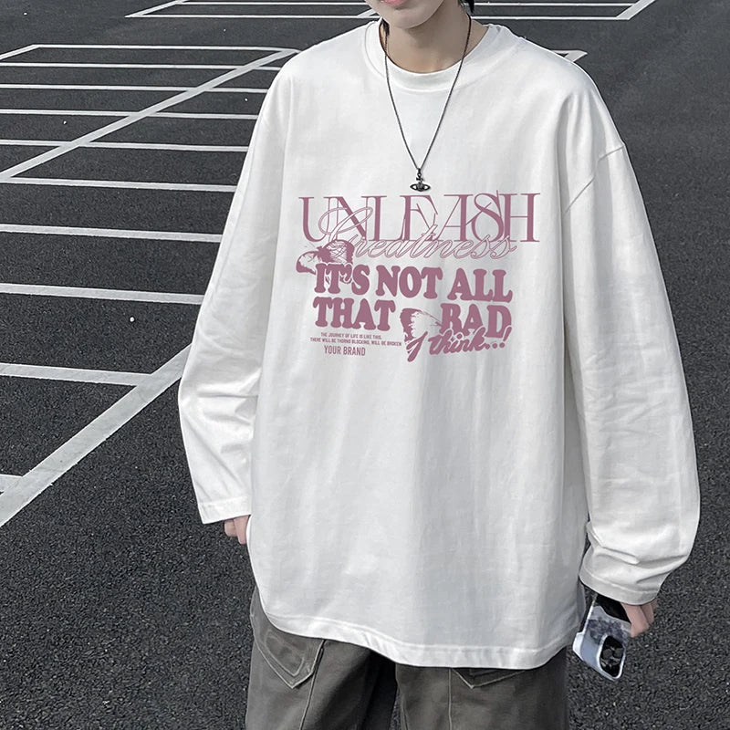 HEARUJOY  -  Fall Korean O Neck Long Sleeve T Shirt Men Cotton Fashion Letter Print Trend Casual Harajuku Oversized Couples Clothing Tops Tee