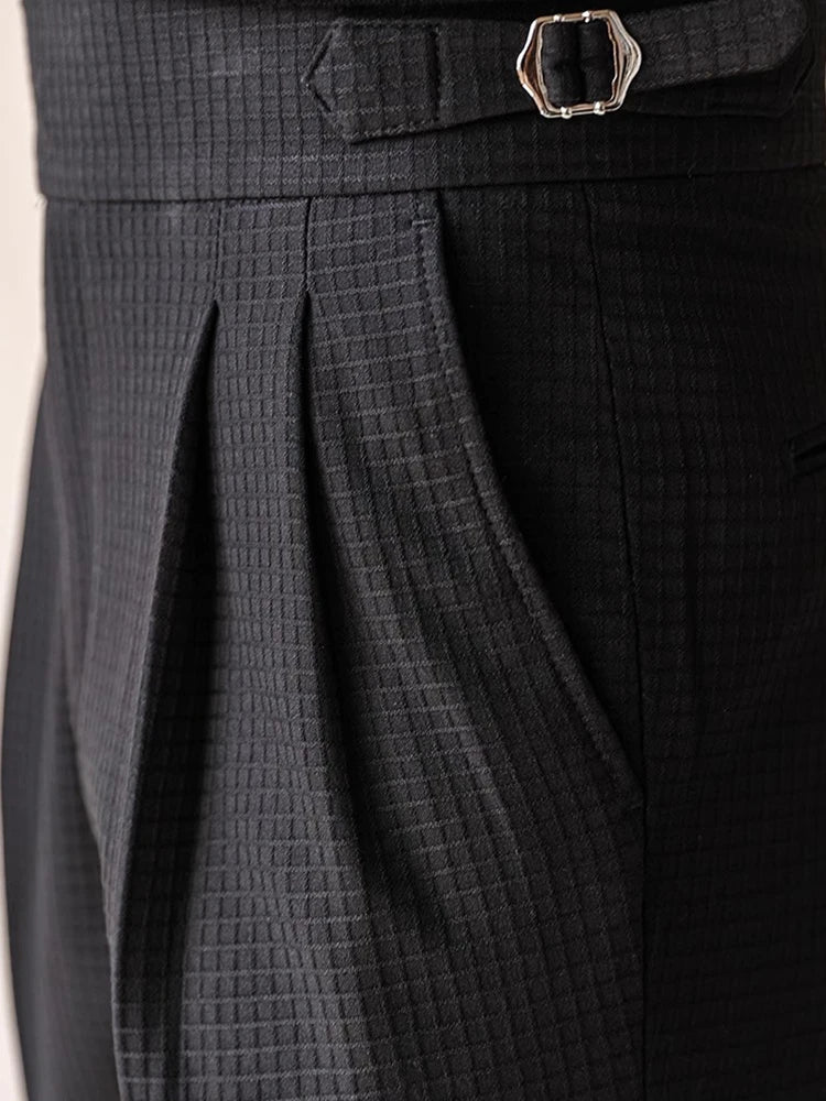 HEARUJOY  -  Naples Style High Waist Pants Mens Stylish Waffle Textured Slim Straight Trousers Men Autumn Casual Button Lace-up Suit Trousers