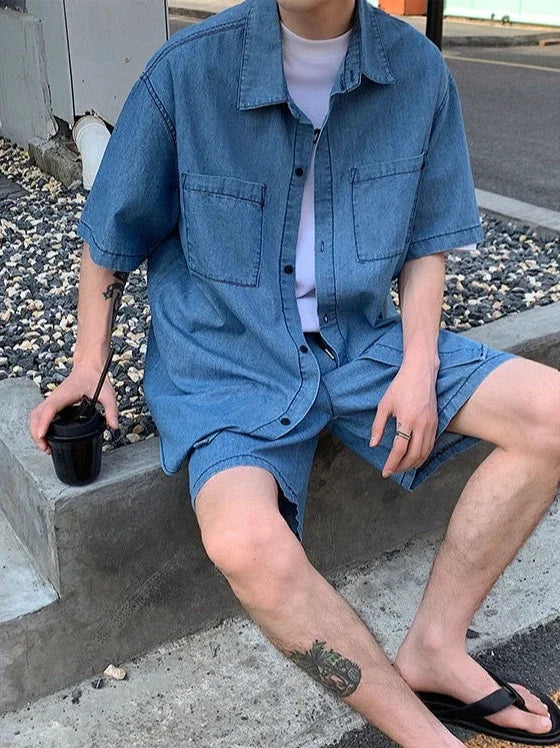 HEARUJOY  -  Japanese Man Sets Work Clothes Loose Cool Two-piece Set New in Matching Elastic Baggy Korean Stylish Shirts Shorts Suits for Men