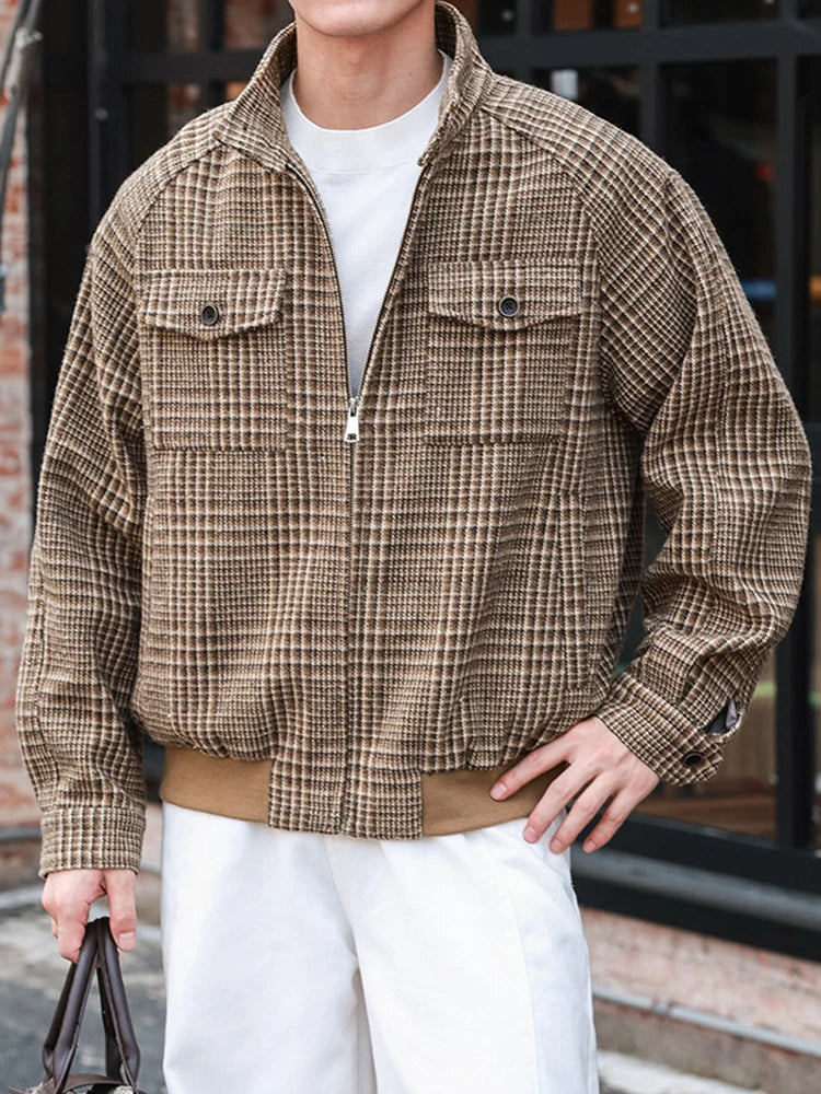 HEARUJOY  -  New Casual Zip-up Stand Collar Men's Jackets 2025 Autumn Winter Outdoor Fashion Houndstooth Jacket Coats men Stylish Outerwear