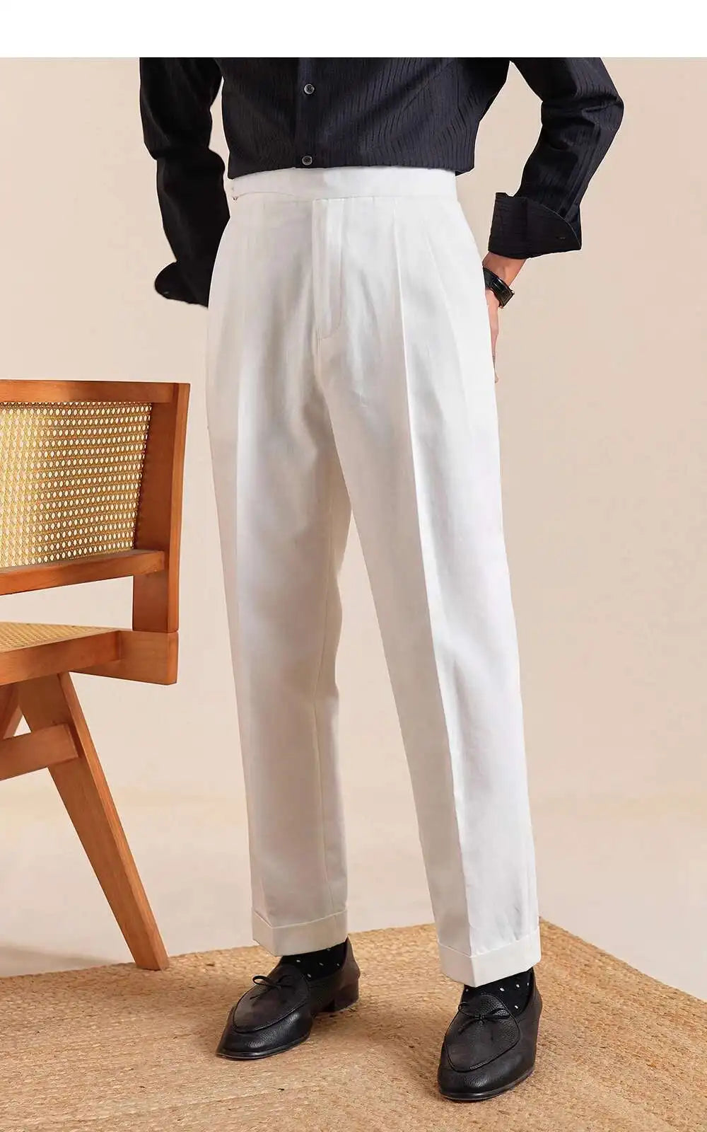 HEARUJOY  -  Pure Cotton Casual Pant Men Double Pleated High Waisted Breathable Trousers Business Casual Formal Pants Men Social Trousers