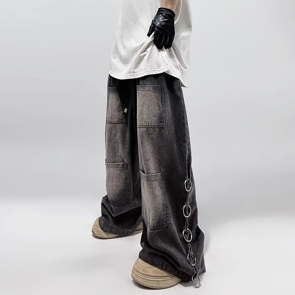 Hearujoy American Style Oversized Pocket Retro Baggy Jeans Men Y2k Hip Hop Punk Wide Leg Straight Overalls Black Denim Pants Streetwear