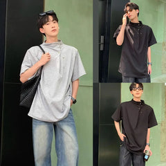 HEARUJOY  -  Men Korean Stand Collar Retro Casual Tee Tops Short Sleeve Street Wear Men's Loose T-Shirt Breathable