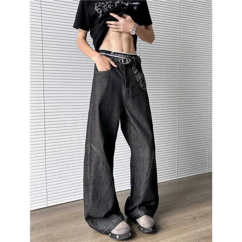 HEARUJOY  -  New Summer Men's Denim Pants Jacquard Patchwork Contrast Color 2025 Trousers Straight Leg Loose Male Boot-cut Jeans