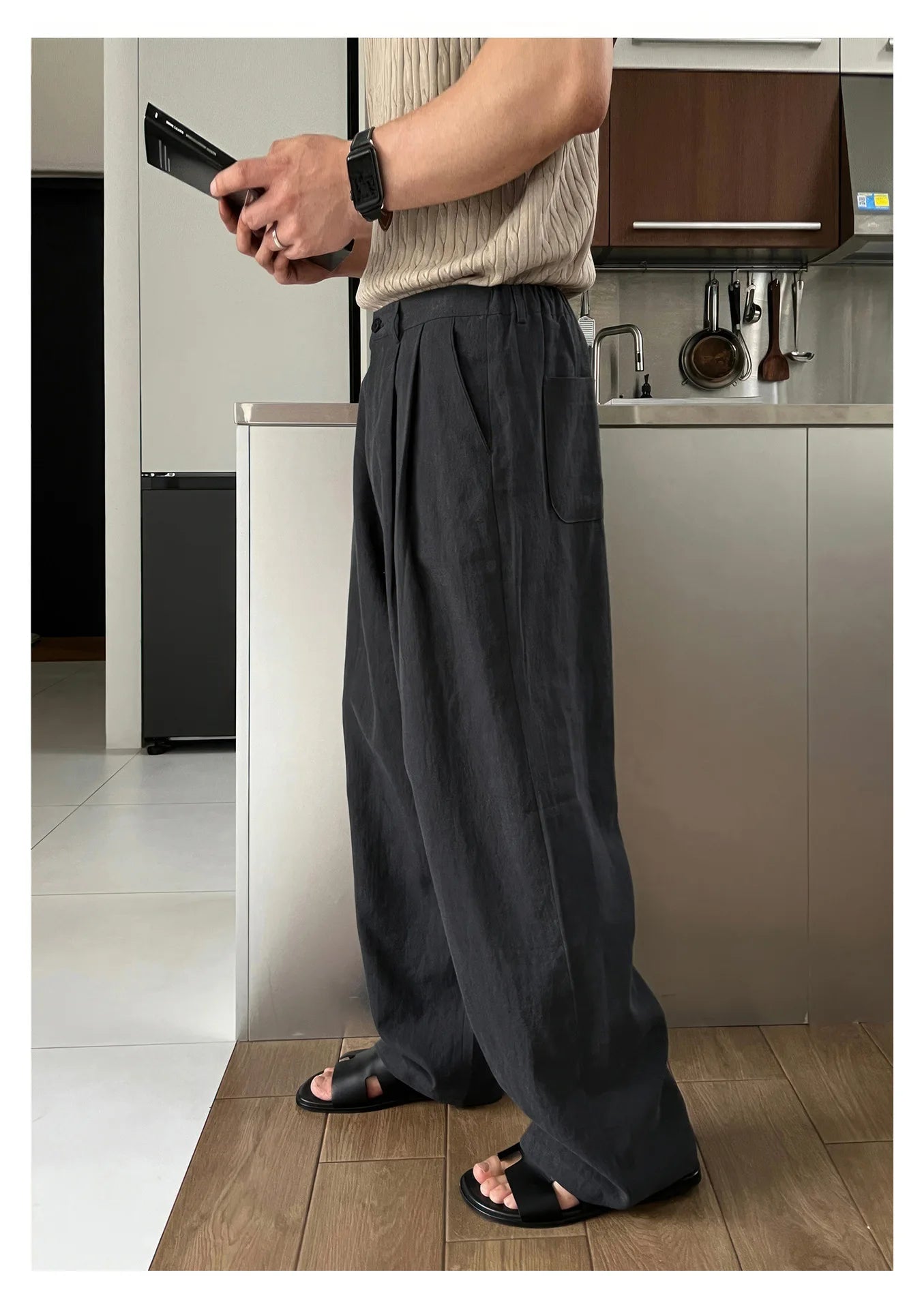 HEARUJOY  -  Men's Korean Light Luxury Draped Linen Wide Leg Pants Leisure Button-down Solid Color Straight Premium Elegant Sweatpants M-3XL