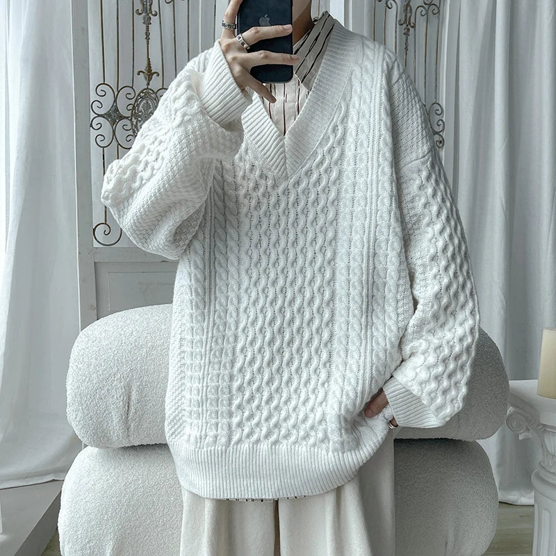 Hearujoy Winter Sweater Men Warm Oversized Casual Knitted Pullover Men Korean Loose V-neck Long Sleeved Sweater Mens Jumper Clothes