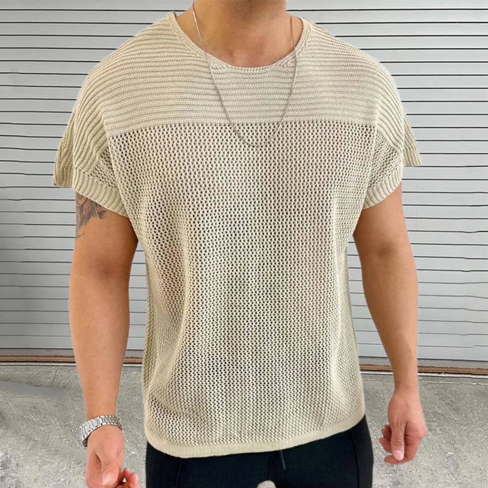 HEARUJOY  -  Comfort Men Top T-shirts O Neck Hollow Out Knitted Knitting Loose Regular Short Sleeve Solid Sports Stylish Summer